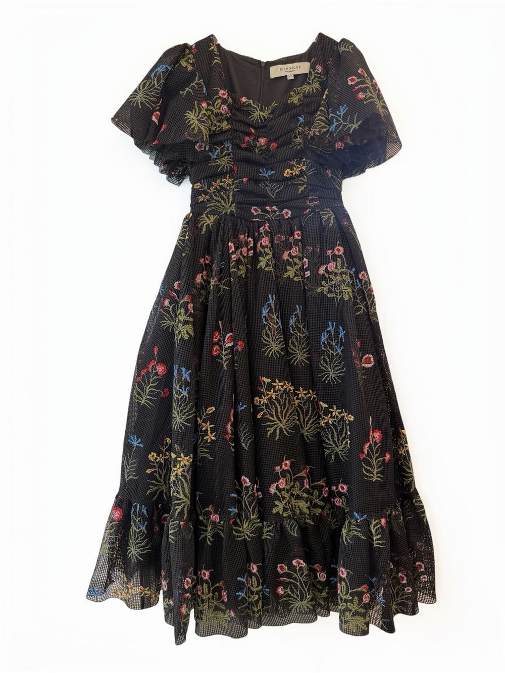 JessaKae Sybil Black Floral Embroidered Flutter Sleeve Midi Dress XS - Picture 4 of 9